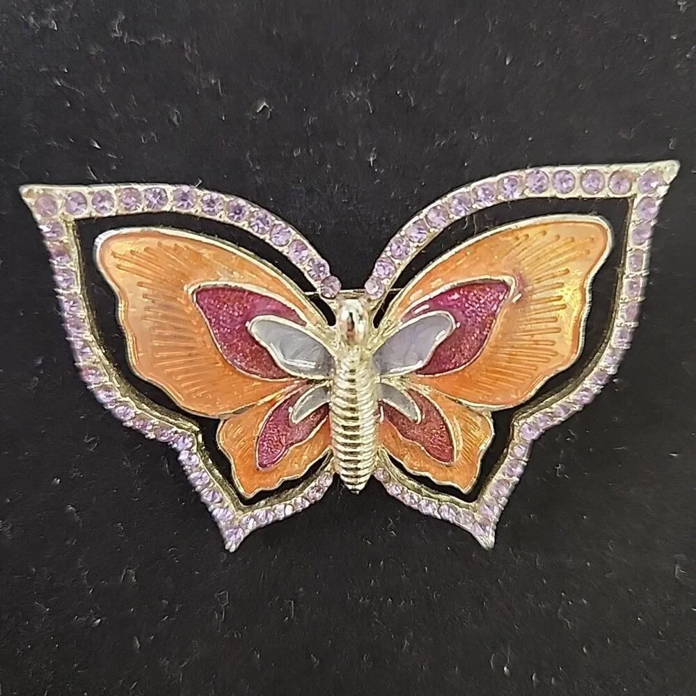 Brooch Butterfly Napier silver tone Gold & Purple Enamel Rhinestones Pin Vintage
